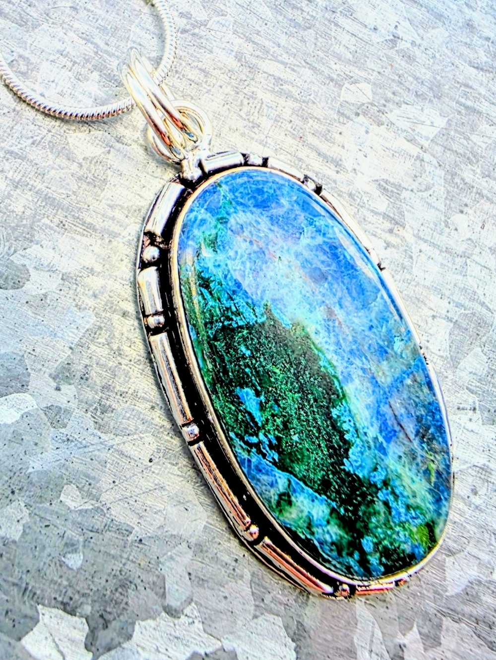 Chrysocolla Gemstone Pendant Necklace In 925 Sterling Silver Setting (2.3")